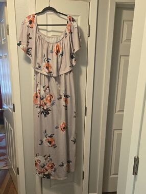 Floral Tiered Off-Shoulder Maxi Dress - Light Lavender and Orange